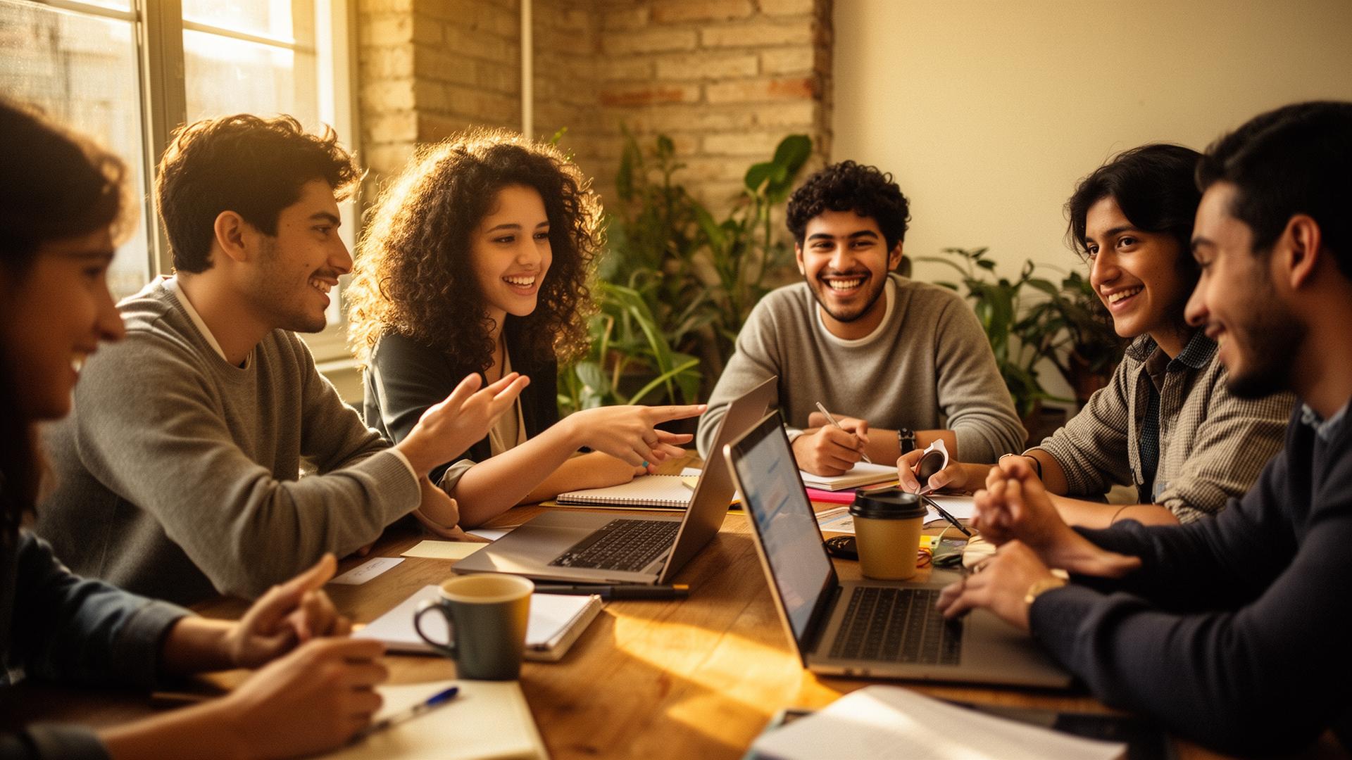 Jóvenes emprendedores latinoamericanos colaborando